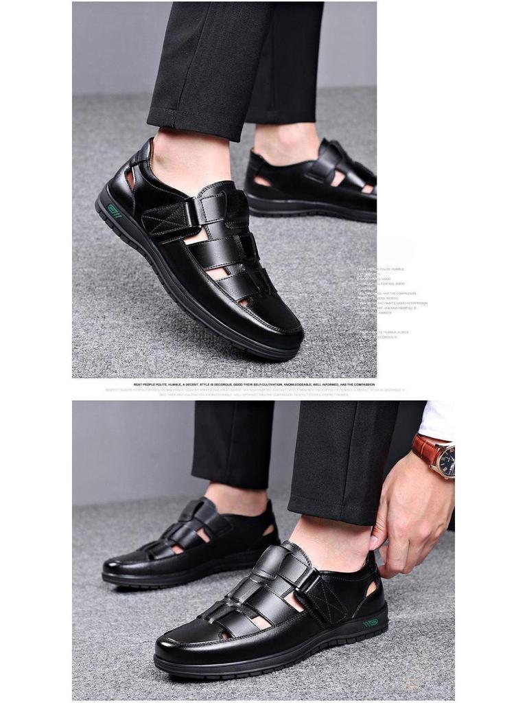 «Мужские черные кожаные нескользящие деловые повседневные сандалии для людей среднего и пожилого возраста»