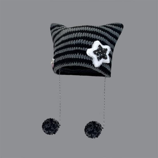 Japanese Style Cat Ear Beanie Hat Star Striped Print Knitting Hat Autumn Winter Plush Ball Pendant Warm Hat