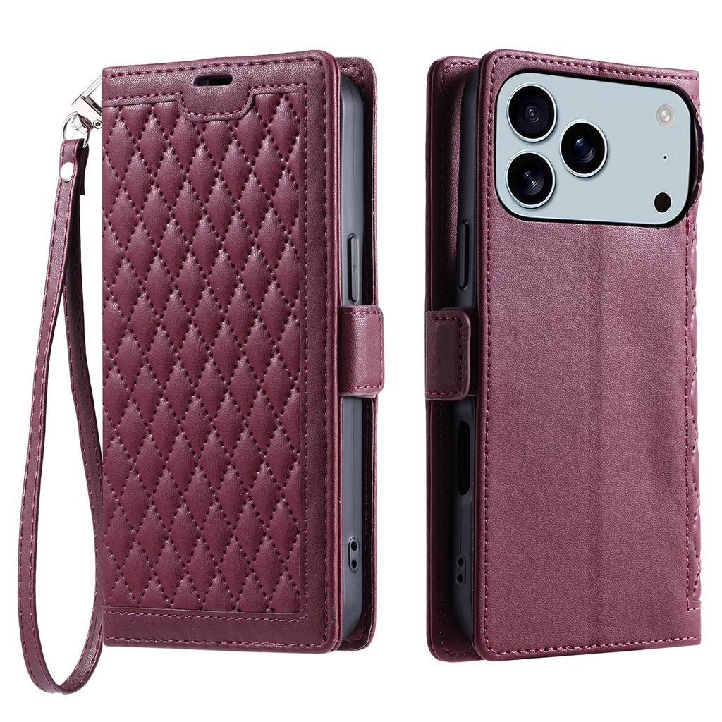 For iPhone 17 Pro Max Leather Case Rhombus Texture Wallet Stand Phone Cover with Wrist Strap