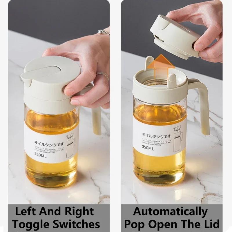 550mL Oil Empty Bottle Pourer Glass Bottles Automatic Opening and Closing Kitchen Cooking Oil Dispenser Cruet for Camping BBQ