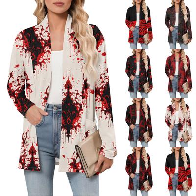 Женский кардиган с длинным рукавом, V-образным вырезом, модная рубашка с принтом на Хэллоуин, легкий, повседневный, свободный, тонкий кардиган с карманами