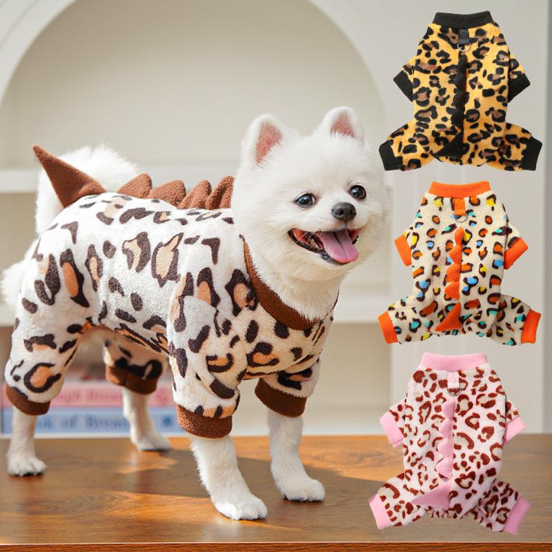Cat Clothes Warm Leopard Print Dinosaur Four-Legged Dog Clothes Autumn Winter Velvet Clothes Bear Pet Products