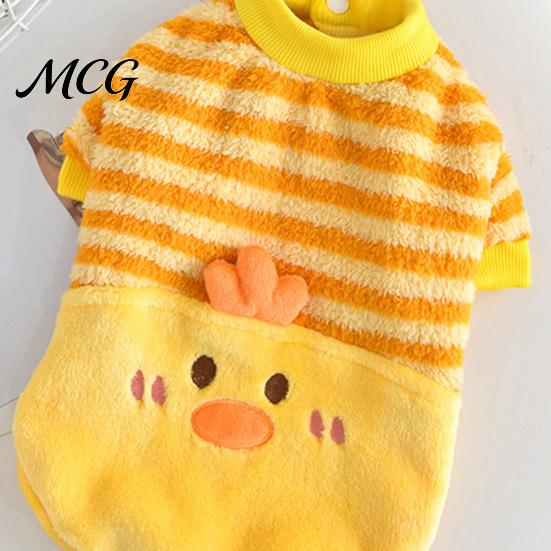 Cozy Dog Shirt Cute Duck Shirt, Striped Plush Pet Clothes, Snap Button Coat Closure, Warm Autumn Winter Outfit for Small Medium Dogs Skin-friendly