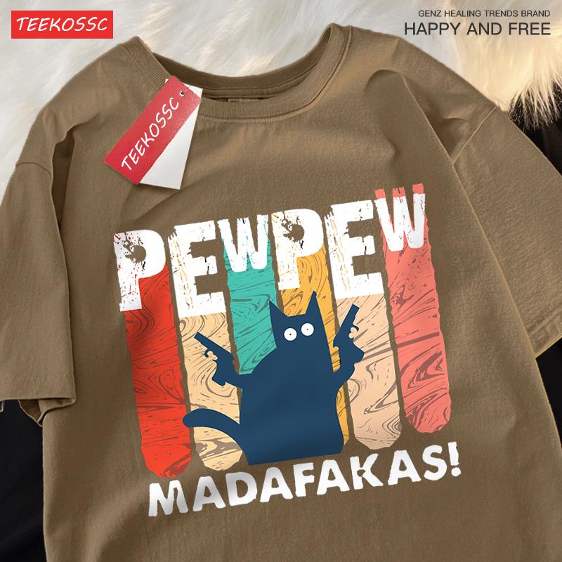 Pew Pew Madafakas Двойной пистолет Кот Мужская футболка Качественные футболки Летняя Оверсайз С коротким рукавом Одежда Хлопок Свободный Уличные Топы