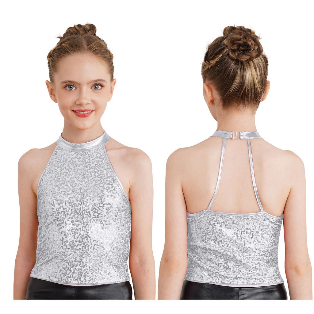 Kids Girls Sleeveless Backless Shiny Sequin Halter Crop Top for Dance Gymnastic Costume