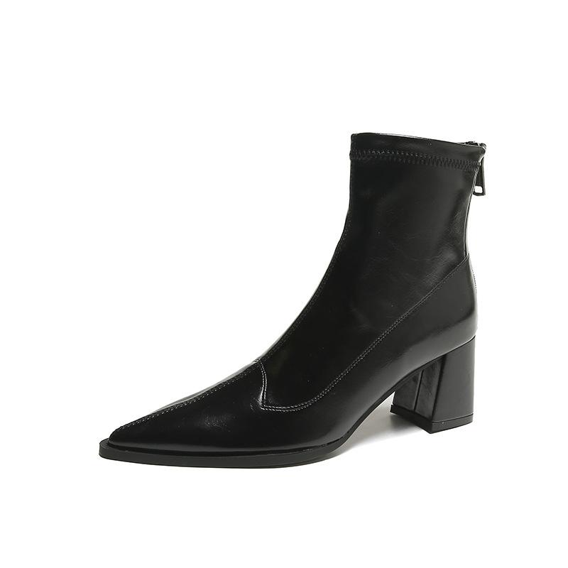 Ретро короткие женские сапоги на толстом каблуке 2025 зима новые заостренные сзади короткие голые сапоги на молнии нишевый дизайн модные сапоги