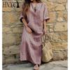 HNXC S-5XL Women Spring Summer Clothing Plus Size Ladies Cotton Linen Loose Striped Long Dress with Pockets
