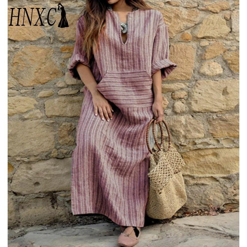 HNXC S-5XL Women Spring Summer Clothing Plus Size Ladies Cotton Linen Loose Striped Long Dress with Pockets