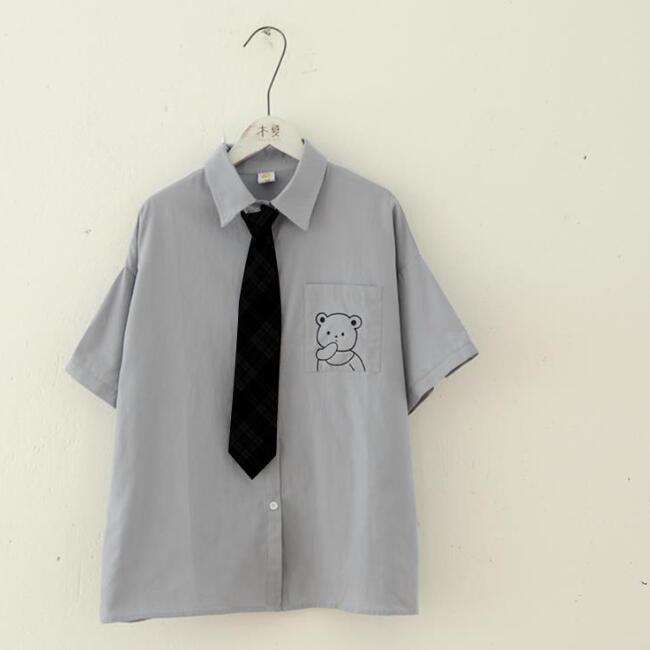 Женская рубашка поло с коротким рукавом в японском стиле, милая рубашка с вышивкой, блузка с коротким рукавом