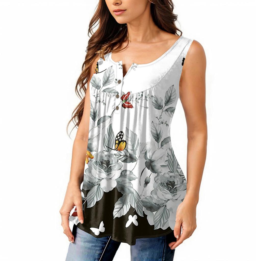 Женская мода плиссированная безрукавка повседневная футболка жилет топ на пуговицах