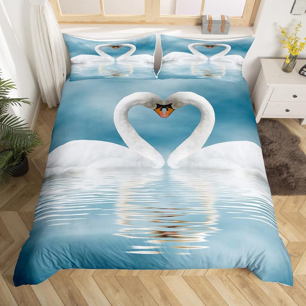 Romantic Swan Duvet Cover Set King Wild Animal Comforter Cover Butterfly Floral Bedding Set For Valentine's Day Wedding Decor