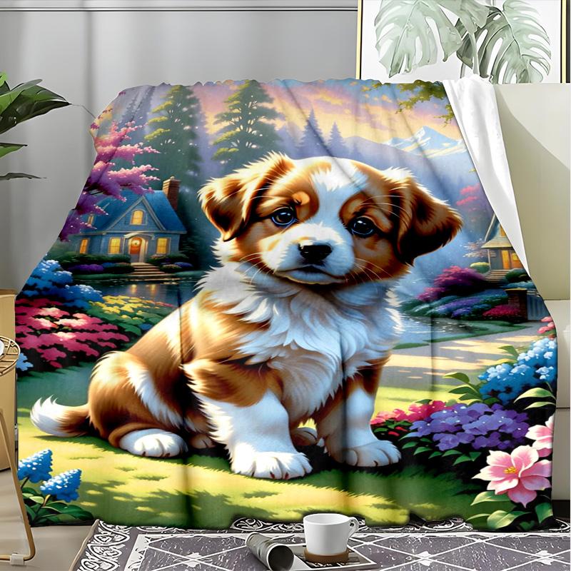 Cute Border Collie Puppy Lake Dock Blanket, Fluffy Dog Flannel Throw Blanket for Pet Lover Home Decor