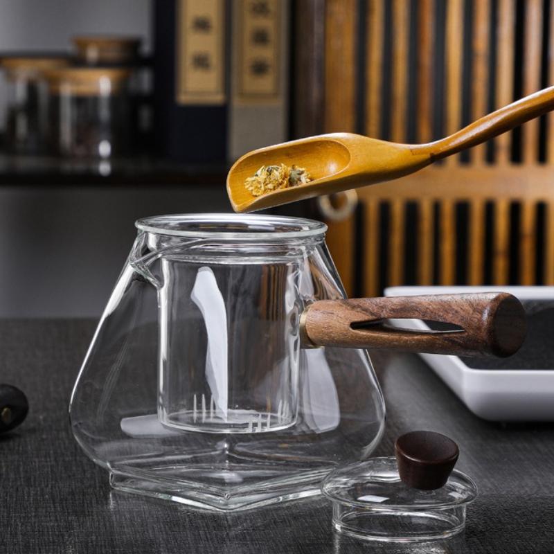 Transparent Glass Teapot Wooden Handle Single Pot Tea Kettle Filter Pot Tea Infuser Boiling Teapot Teas Brewing Utensils Teaware