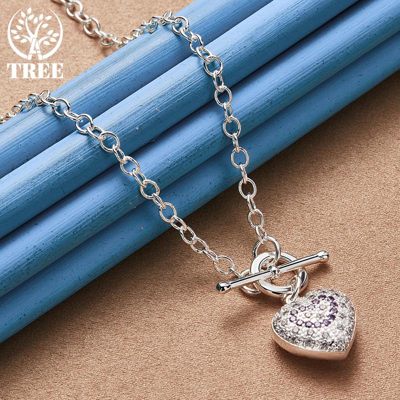 Ювелирные изделия из стерлингового серебра 925 пробы с фиолетовым цирконом ААА и цепочкой в ​​форме сердца