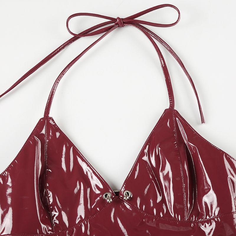 High Street Sexy Babes Chic Beauty Back Camisoles American Style PU Glossy Backless Cropped Trim Tops Fashion V-neck Red Vest