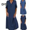 Fall Spring Lady Dress V Neck Loose Short Sleeves with Cufflink Split Hem Plus Size Dress Solid Color Buttons Pullover A-line Daily Wear Beach Maxi