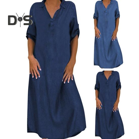Fall Spring Lady Dress V Neck Loose Short Sleeves with Cufflink Split Hem Plus Size Dress Solid Color Buttons Pullover A-line Daily Wear Beach Maxi