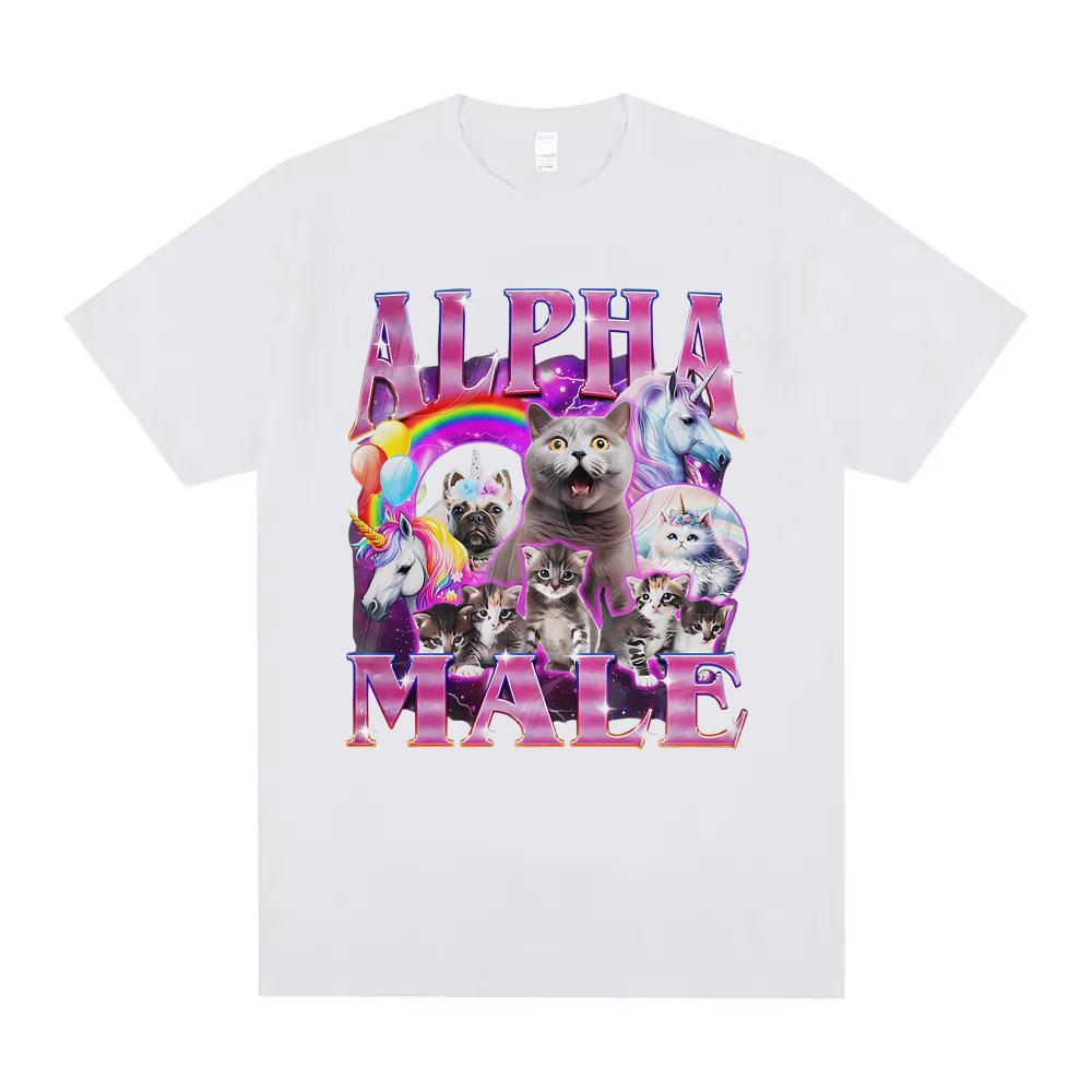 Alpha Male Unicorn Cat Funny Meme Print T Shirt Unisex Casual Vintage Short Sleeve Cotton Oversized T-shirt Streetwear Unisex Tops