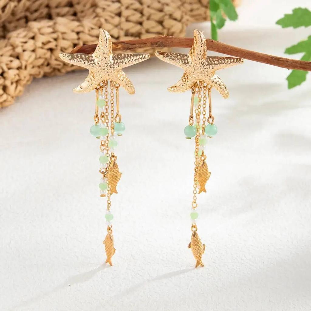 SHIXIN Trendy Starfish Fish Drop Earrings Women Summer Beach Imitation Pearl Crystal Tassel Piercing Earrings Vacation Jewelry
