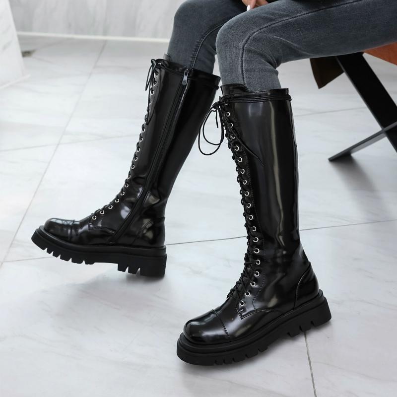 Fashion Fur Winter High Boots Women Shoes Lace Up Women's Knee High Boots Platform Waterproof Black White Long Combat Boot Shoes