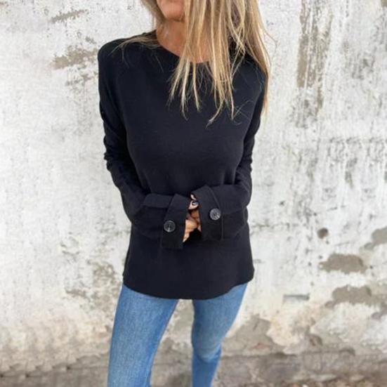 Женская футболка с круглым вырезом и длинным рукавом, реглан, на пуговицах, на манжетах, однотонная, свободная, повседневная, с пуловером, топы, повседневная одежда