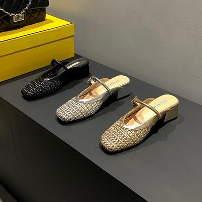 Французские тканые туфли на высоком каблуке с полым каблуком, сумка, полушлепанцы с закрытым носком, детская летняя новинка, крутые шлепанцы Мэри Джейн