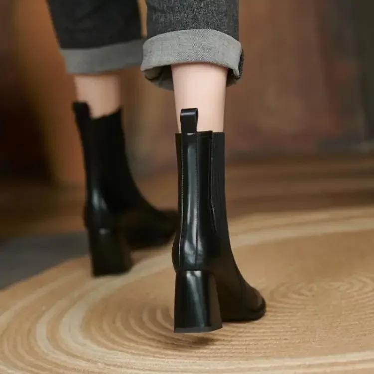 Женские зимние ботинки 2024 года с квадратным носком и толстым каблуком, теплые короткие ботинки, осенние узкие вязаные ботинки на высоком каблуке без застежек, удобные ботильоны