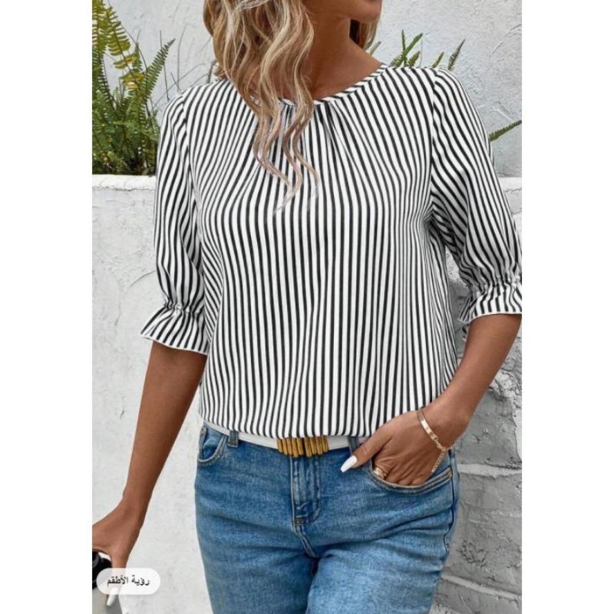 YYFS Женская мода повседневная летняя весна полосатый принт 1/2 рукава О-образный вырез блузки и рубашки
