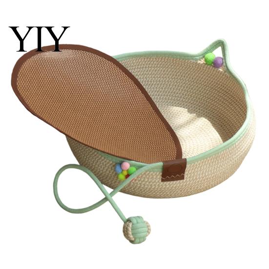 Indoor Cat House for Kittens Handwoven Cotton Rope Bed, Scratchable Sleeping Basket, Cute Ear Pet Basket Breathable Round Cats And Puppies Natural