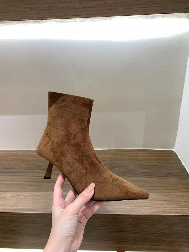 Женские туфли, короткие ботильоны хаки из замши на высоком каблуке с острым носком, новая весенне-осенняя одиночная обувь, корейские маленькие ботильоны