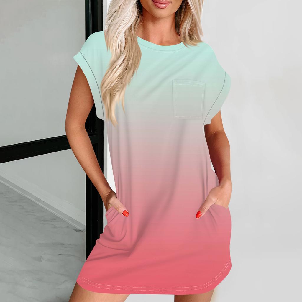 Женское повседневное летнее платье с круглым вырезом и коротким рукавом, футболка, платье, карман