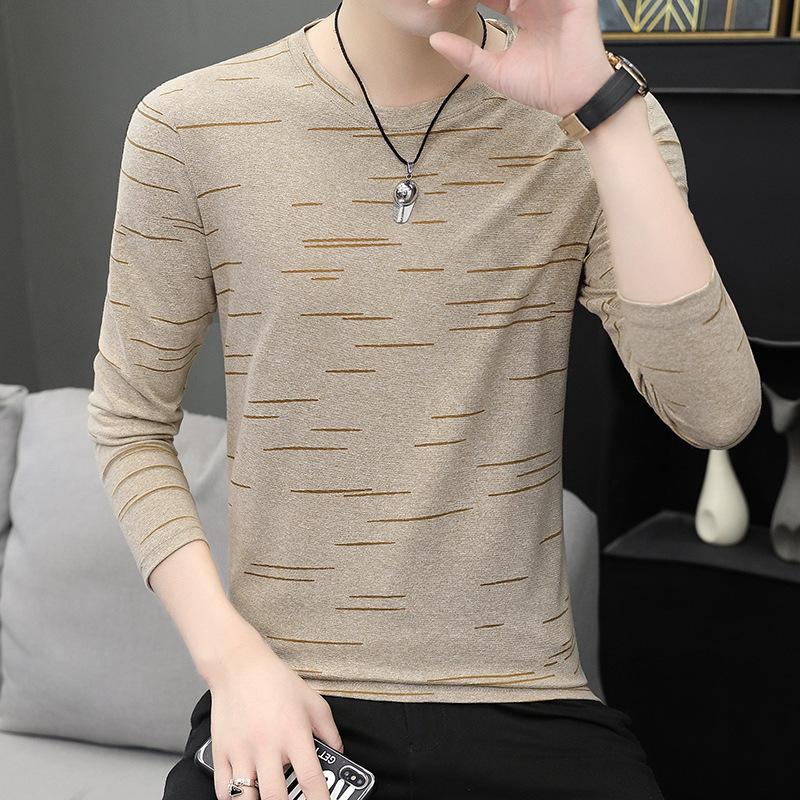 Весна Осень Мужская футболка с длинным рукавом Базовая рубашка Полосатая рубашка поло с круглым вырезом Повседневная мужская