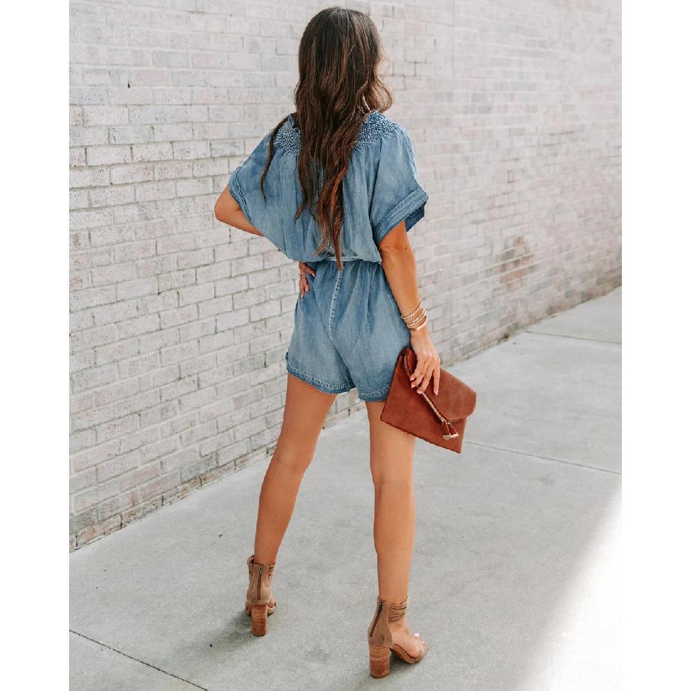 Женский винтажный джинсовый комбинезон, летний джинсовый комбинезон с рюшами и V-образным вырезом, широкими штанинами и поясом, с карманами