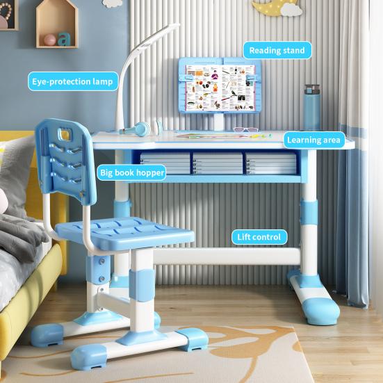 Study Desk Kids Chair Set, Height Adjustable Toddlers Writing Table with Tiltable Reading Stand Learning LED Light, Living Room Bedroom Children Extra