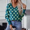 Women's Jacquard Sweaters Long Sleeve Shirt V Neck Knit Sweater Work Casual Loose Fit Fuzzy Tops Lightweight Sweater Shirts for Women