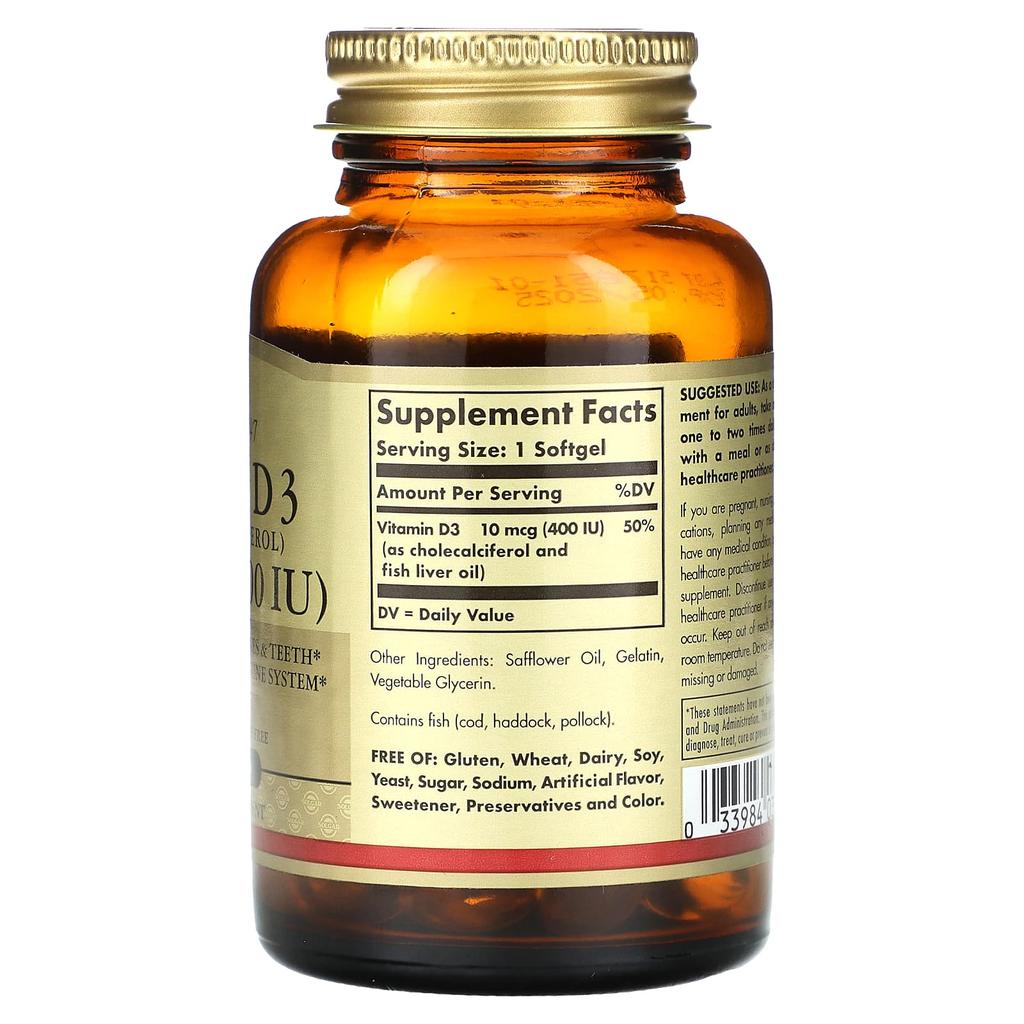 Vitamin D3 (Cholecalciferol), 10Mcg (400Iu), 100 Softgels
