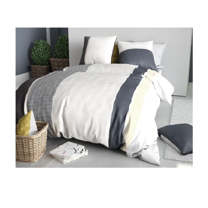 Parure de lit - Housse couette 220x240 cm - 2 taies - Bandes géométriques - Coton doux