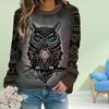 Fall Autumn Women'S Fashion O Neck Long Sleeve T-Shirt Loose  Clothes Black Cat Head Eagle Print  T Shirt for Girls Street