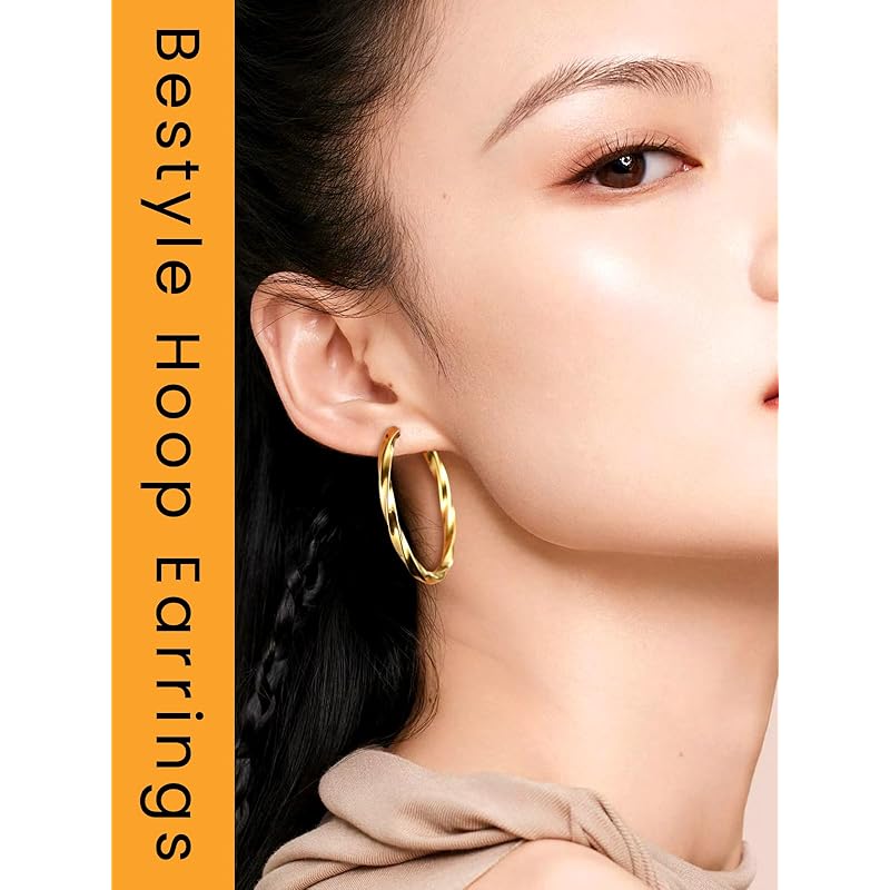 Bestyle hoop earrings ladies link earrings big stainless Compatible with metal allergies both ears 30mm gold Thick simple Popularity accessories