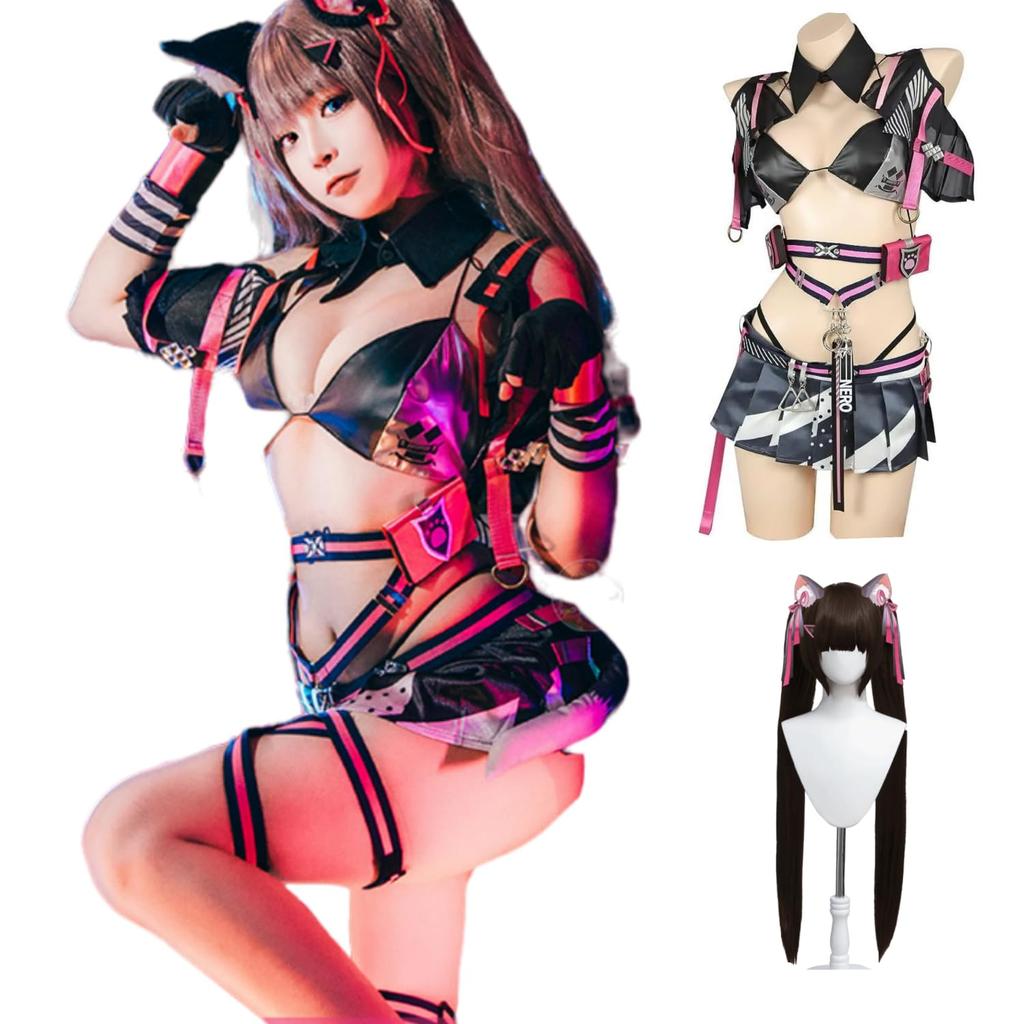 COSSA Victory Goddess NIKKE Nero Cosplay Wig with Fake Cat Girl Costume for and Photoshoots Ears, Halloween, Christmas, Performances, (Size M, Nero)