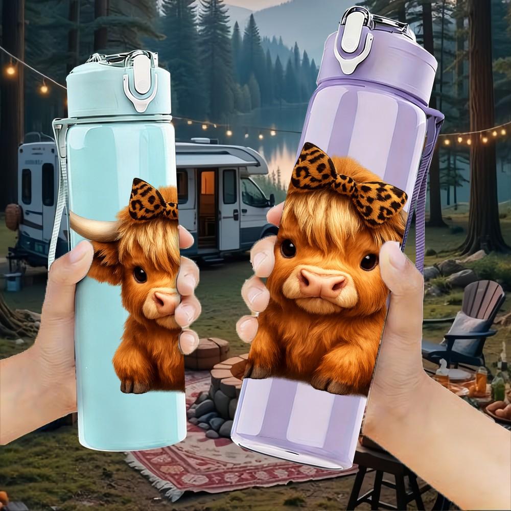 1PC Brown Highland Cow Horn Portrait 750ml Color Plastic Sports Water Bottle Leakproof Flip Straw Lid Suitable for Sports Office Home Use