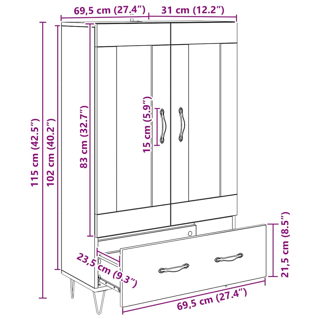 Highboard in Black Oak Look 69.5 x 31 x 115 cm Particleboard