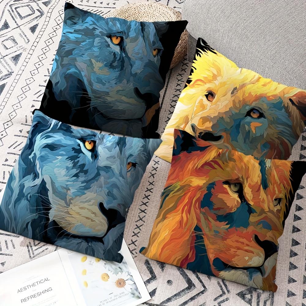 4Pcs Double-Sided Printed Throw Pillow Covers, Vibrant Blue & Golden Lion Portrait Print Cushion Cases, Bold Wildlife Home Decor