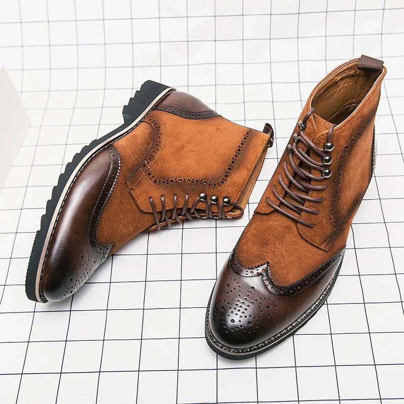 Fashion New High Top Men Shoes Luxury Business Dress Ankle Boots For Male Comfortable Men's Fashion Brogue Leather Motorcycle Boots Man