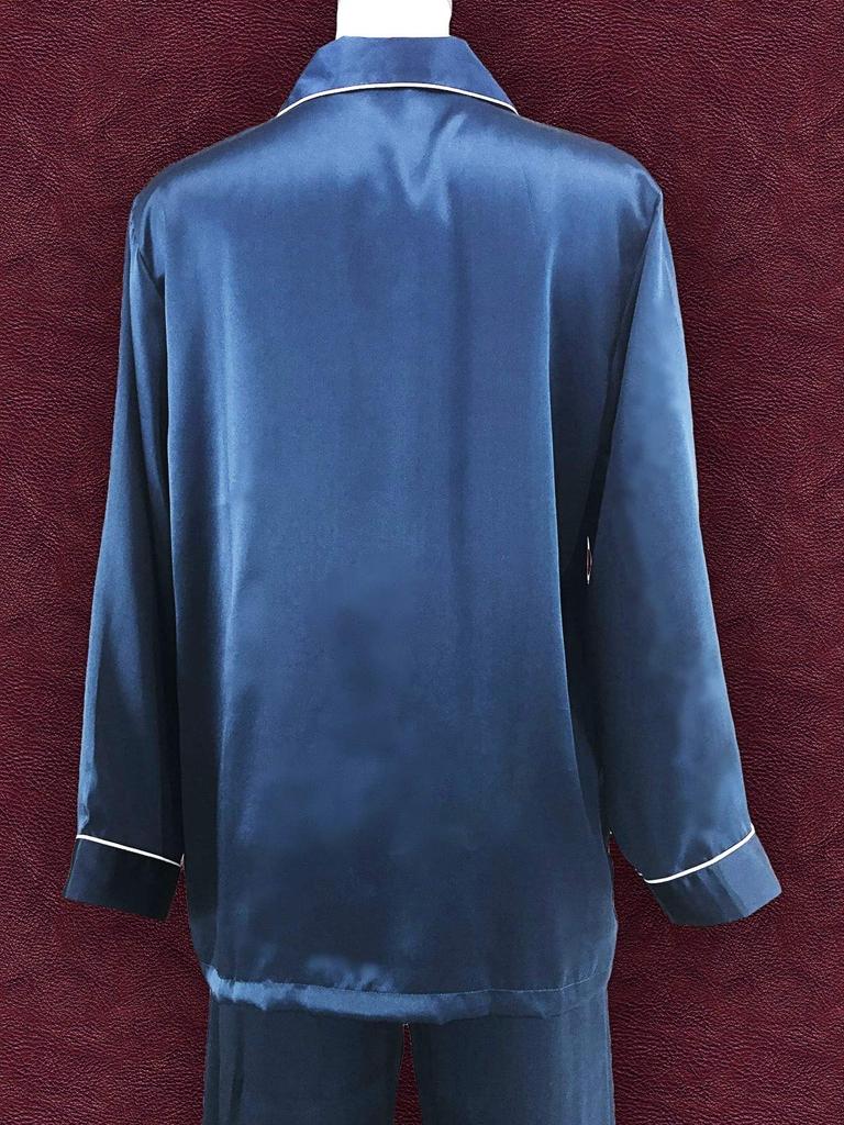 Long Indigo [Yumekairou] Women's Pajamas, 100% Silk, Satin, Sleeve, Simple, Bicolor, Plain, Piping, M-XL (L, Indigo)