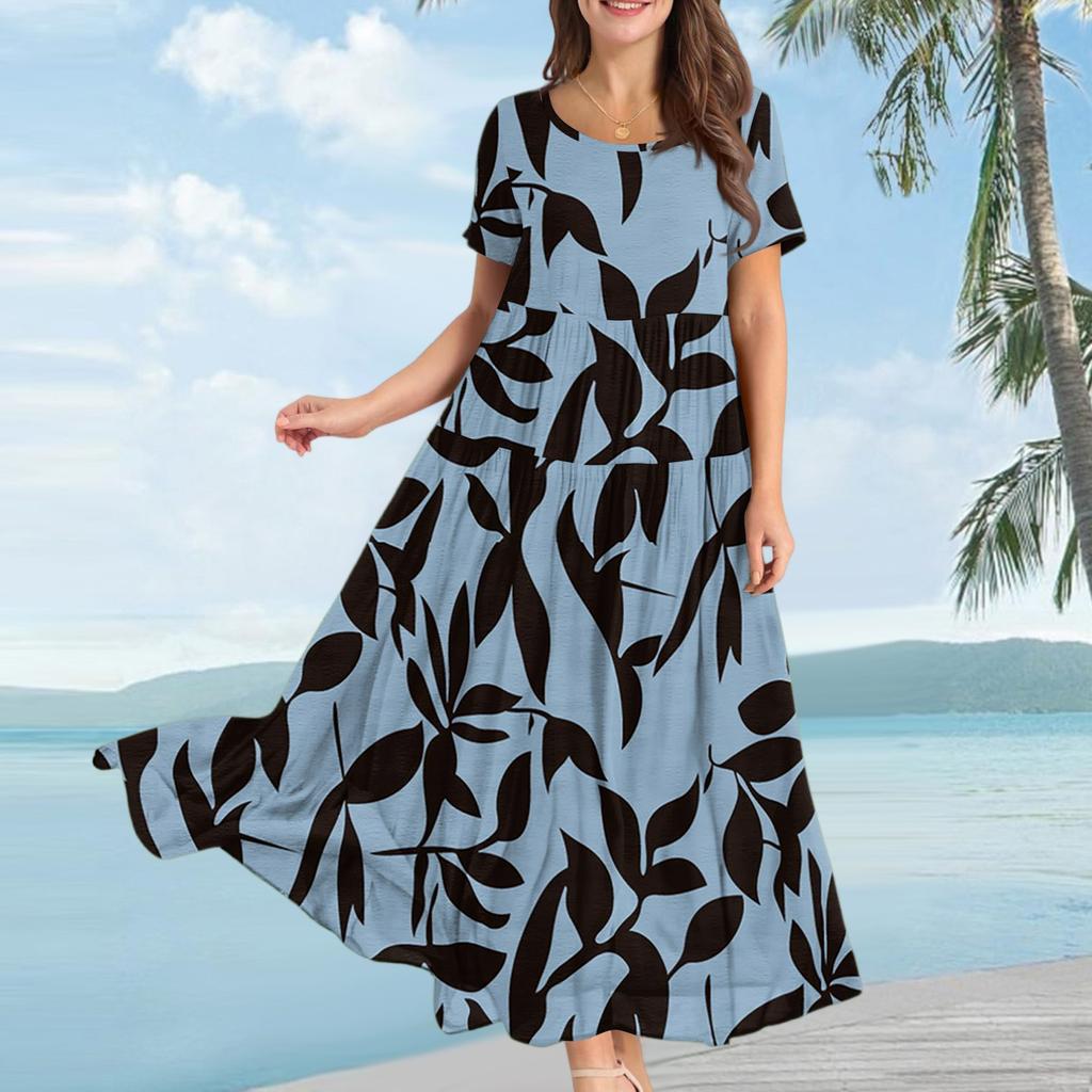 Женское повседневное свободное богемное платье с цветочным принтом, длинное макси-платье с коротким рукавом, летнее пляжное платье-качели
