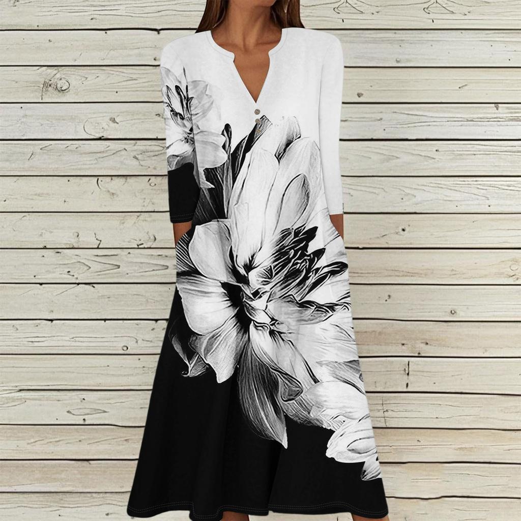 Женское летнее повседневное платье с V-образным вырезом на пуговицах, в стиле ретро, с геометрическим принтом, рукавами три четверти и карманами