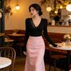 Plain Black Top With Lace Splicing V Neck For Spring Casual Wear