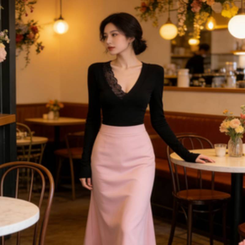 Plain Black Top With Lace Splicing V Neck For Spring Casual Wear