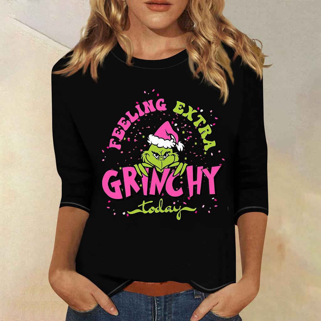 3/4 Sleeve Tops For Women T-Shirt Casual Christmas Print Tops T Shirt Round Neck Pullover Blouse